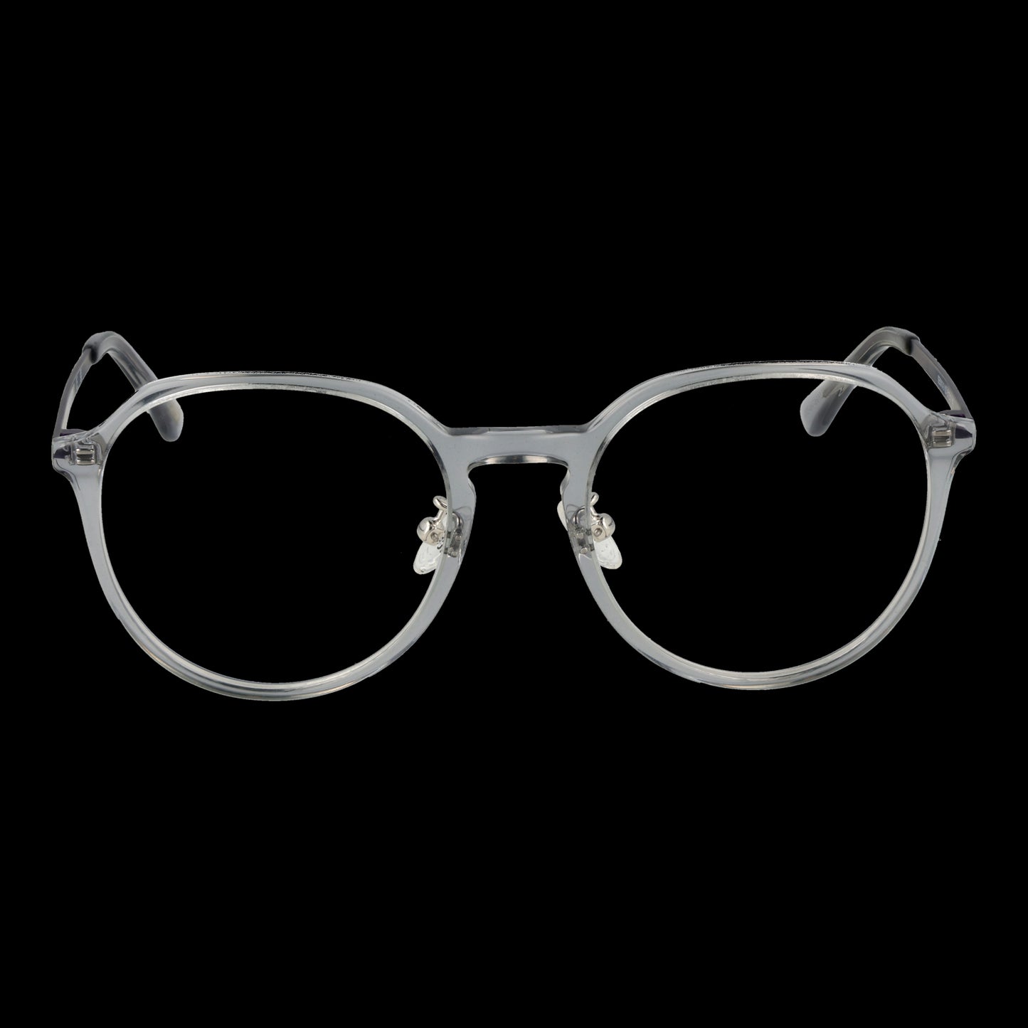 Clear round eyeglasses with transparent frame on black background.