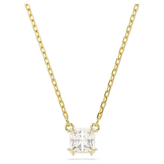 Elegant gold necklace with a sparkling square-cut pendant on a delicate chain.