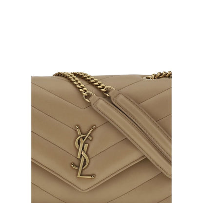 Close-up of Saint Laurent Beige Calf Leather Bos Taurus Shoulder Bag with brass logo and chain strap.