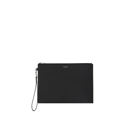 Saint Laurent Black Calf Leather Bos Taurus Other Accessories iPad Holder with zipper, brand monogram, and side strap.