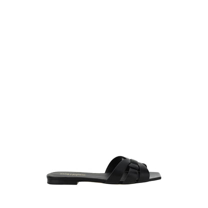 Saint Laurent Black Calf Leather Bos Taurus Sandals, open square toe, braided design, press-studded logo insole, leather block heel.