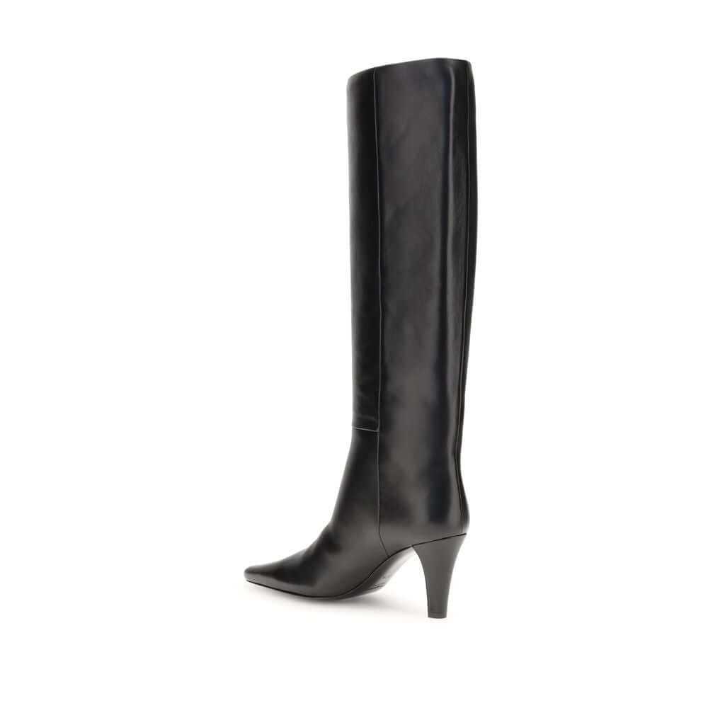 Side view of Saint Laurent Black Leather Boots, featuring knee-high design with a cone heel and minimalistic aesthetic.