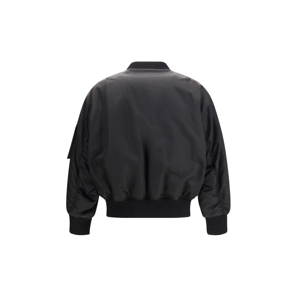Back view of Saint Laurent Black Polyamide Bomber jacket with ribbed trim and classic baseball collar.