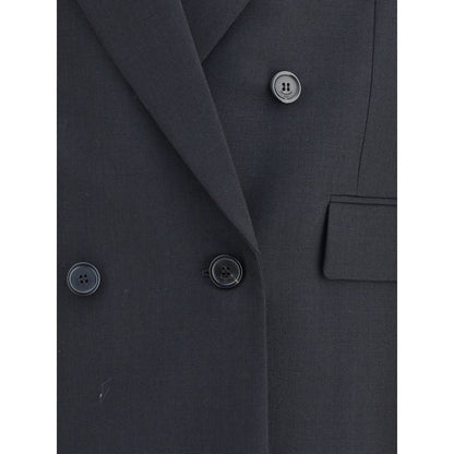 Close-up of Saint Laurent Black Wool Clothing featuring double-breasted blazer with six-button closure and peaked lapels.