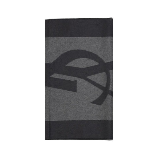 Saint Laurent Gray Silk Scarf with YSL logo, featuring frayed hems, elongated format, 50 x 215 cm, ideal for luxury style in season AW25.