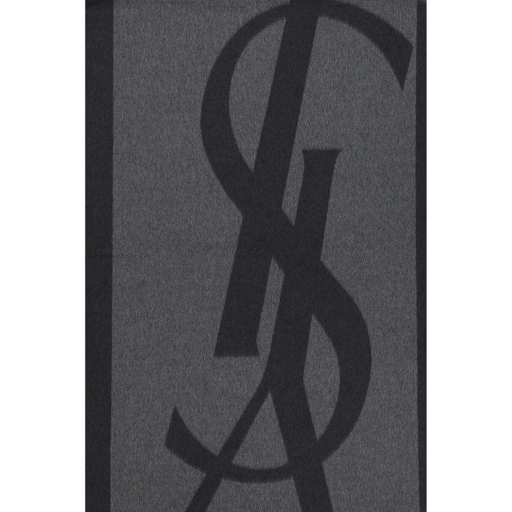 Saint Laurent Gray Silk Scarf with iconic YSL logo and frayed hems, elongated design for AW25 season, made of 100% silk, 50 x 215 cm.