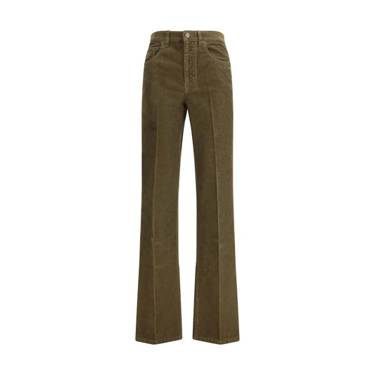 Saint Laurent Green Cotton Casual Pants in corduroy featuring five-pocket design and leather jacron. AW25 collection, 100% cotton.