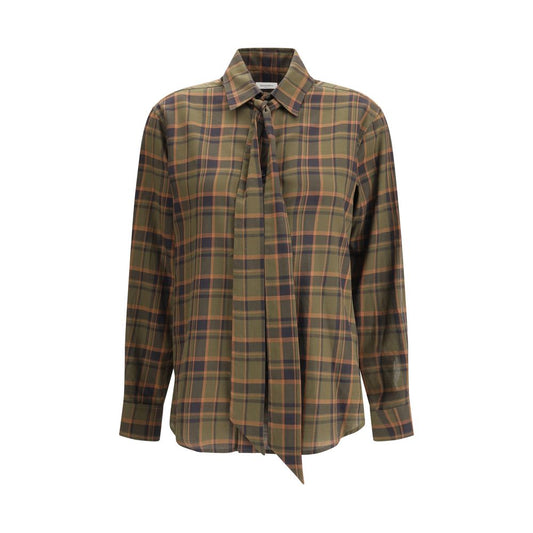 Saint Laurent Green Cotton Pattern Shirt with check pattern and lavallière bow, AW25 collection, front view.