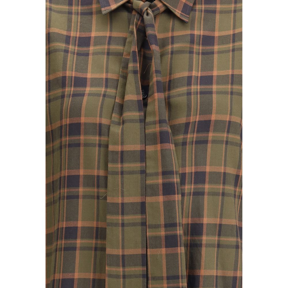 Close-up of Saint Laurent Green Cotton Pattern Shirt with check pattern and lavallière bow.