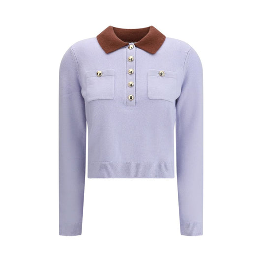 Self-Portrait Light Blue Wool Sweatshirt with contrast collar and button closure, preppy style for AW25, featuring functional pockets.