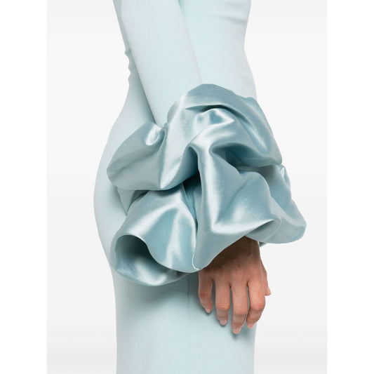 Solace London Dresses Clear Blue Talia maxi dress with off-shoulder ruffle cuffs detail in ice blue fabric.