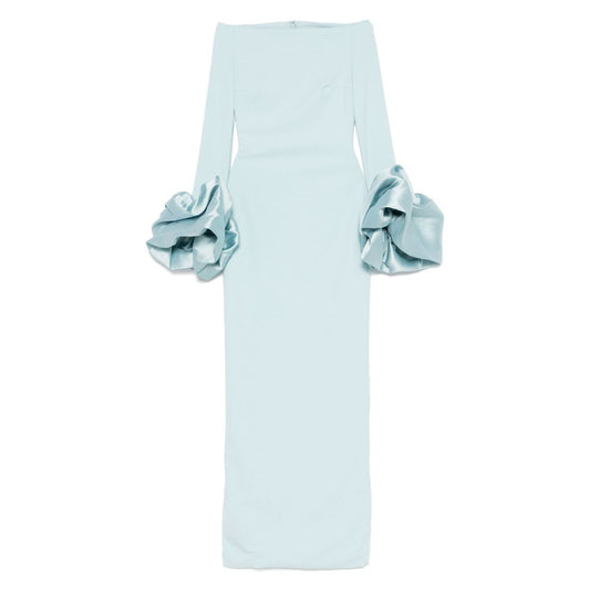 Solace London Dresses Clear Blue Talia maxi dress with ruffle cuffs and off-shoulder design in ice blue color.