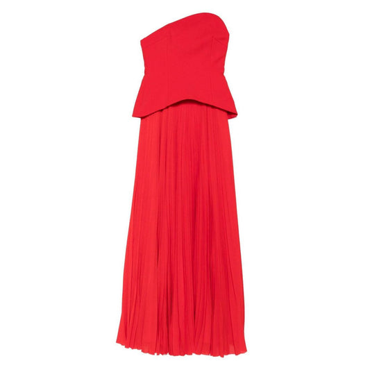 Solace London Dresses Red - Red strapless bodice pleated skirt, asymmetric neckline Britt maxi dress with straight hemline