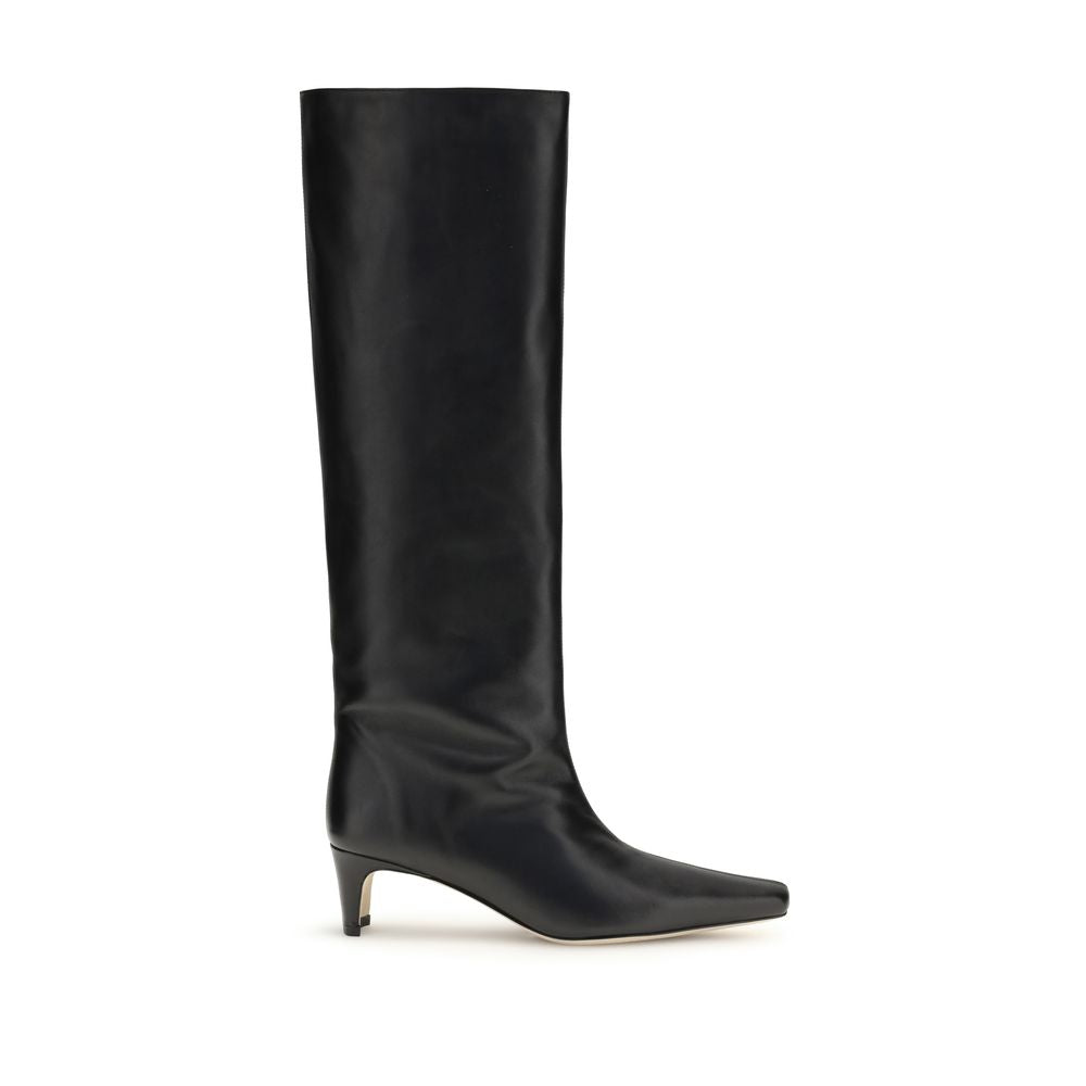 Staud Black Calf Leather Bos Taurus Boots with sleek high silhouette, tapered toe, and slim kitten heel.