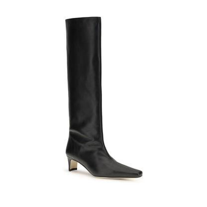 Staud Black Calf Leather Bos Taurus Boots with tapered toe and slim kitten heel, AW25 collection high above-the-knee elegant design.