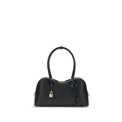 Stella McCartney Black Nylon Shoulder Bag with embossed logo, logoed padlock, and protective metal feet on white background.