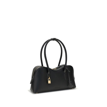 Stella McCartney Black Nylon Shoulder Bag with logoed padlock, round handles, and zippered closure, featuring sustainable leatherette material.