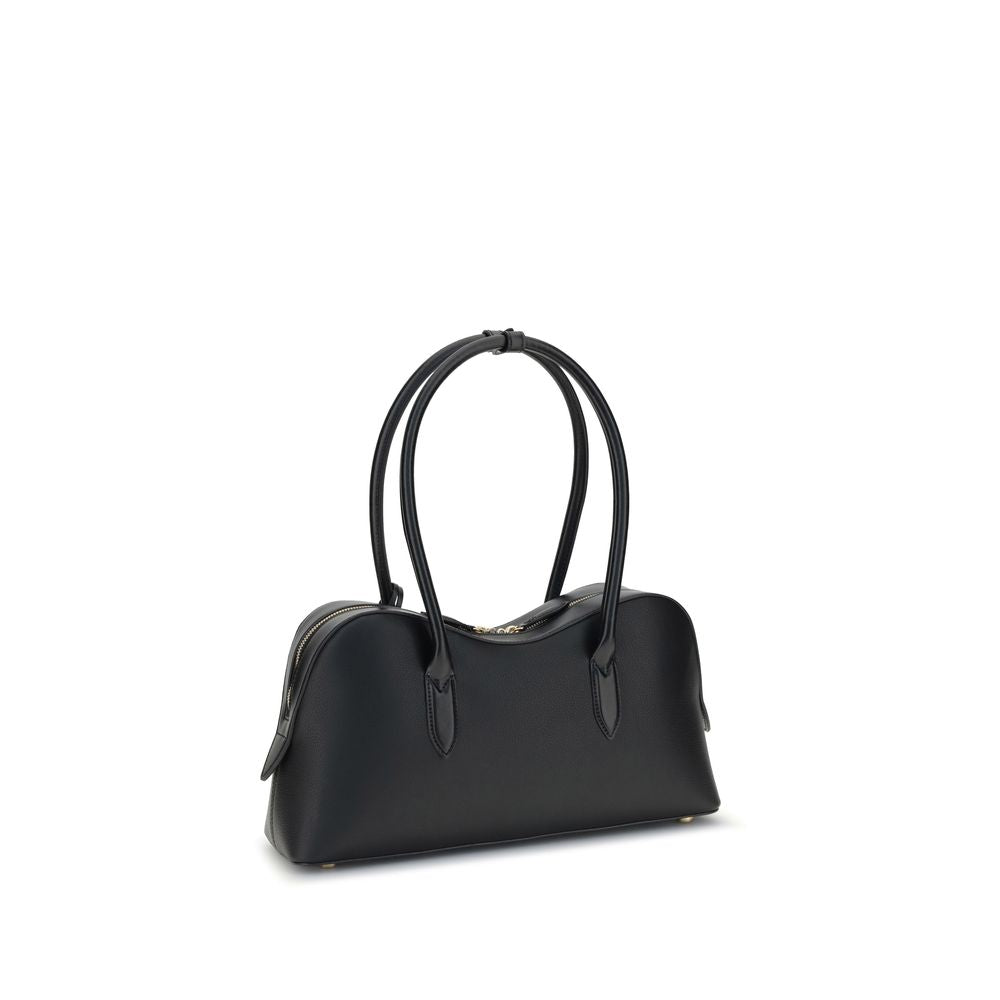 Stella McCartney Black Nylon Shoulder Bag with double handles, zip closure, and logoed padlock, showcasing elegance and sustainability.