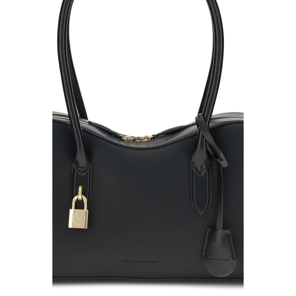 Stella McCartney Black Nylon Shoulder Bag with logoed padlock, round handles, and refined design promoting sustainable fashion.