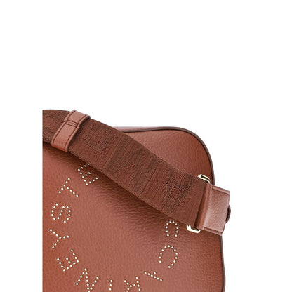 Close-up of Stella McCartney Brown Other Fibres Shoulder Bag with monogram and adjustable strap, showcasing sustainable design.