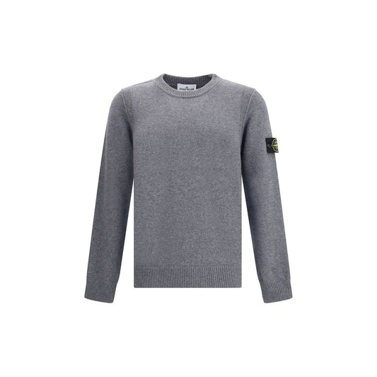 Stone Island Logoed Sweater featuring wool material, ribbed crew neck, and logo patch on sleeve, ideal for autumn-winter fashion, made in Italy.