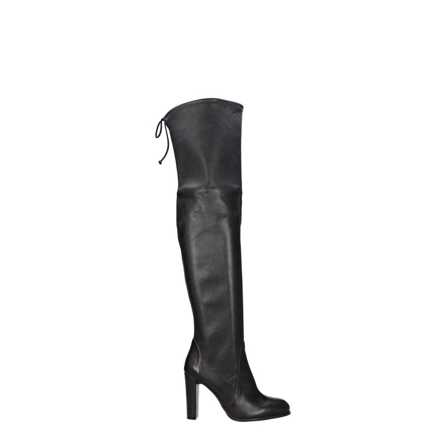 Stuart Weitzman Black Leather Over The Knee boot, featuring high heel and drawstring closure with a vintage effect finish.