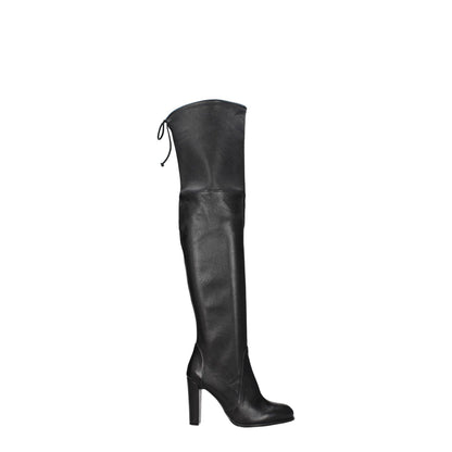 Stuart Weitzman Black Leather Over The Knee boot, featuring high heel and drawstring closure with a vintage effect finish.