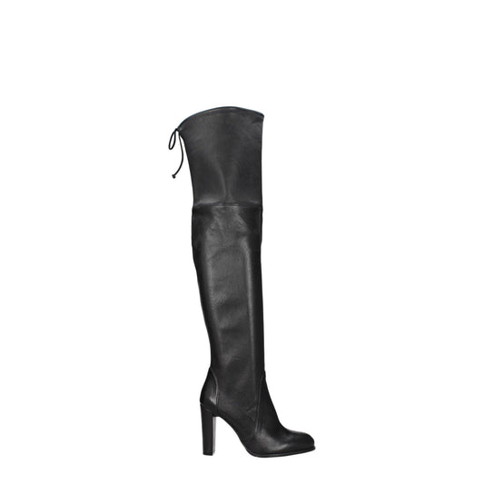 Stuart Weitzman Black Leather Over The Knee boot, featuring high heel and drawstring closure with a vintage effect finish.