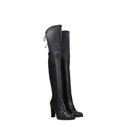 Stuart Weitzman Black Leather Over The Knee boots with high heel and drawstring closure, featuring vintage and aged effects.