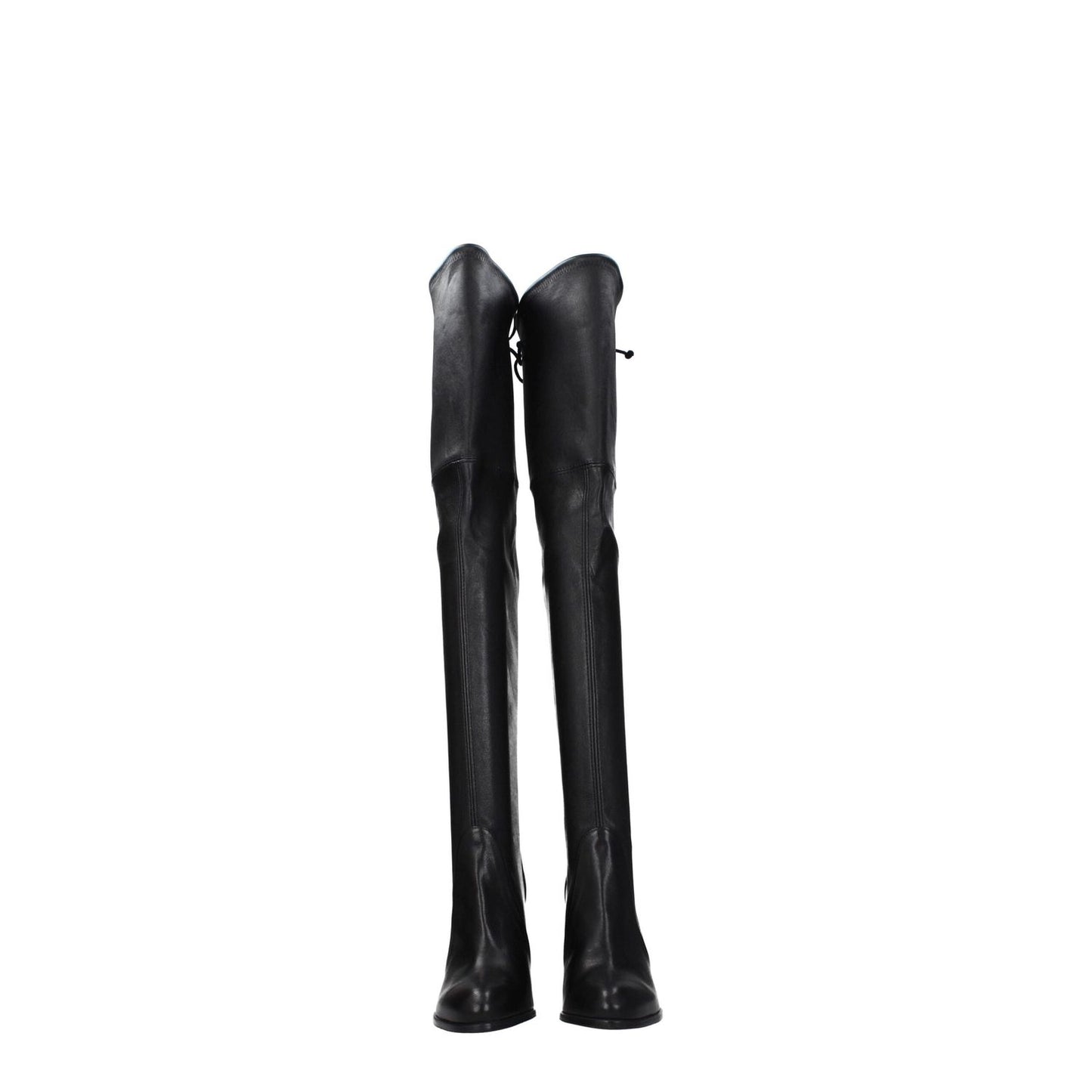 Stuart Weitzman Black Leather Over The Knee boots featuring high heels and a vintage effect with drawstring closure.