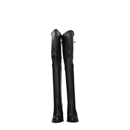 Stuart Weitzman Black Leather Over The Knee boots featuring high heels and a vintage effect with drawstring closure.