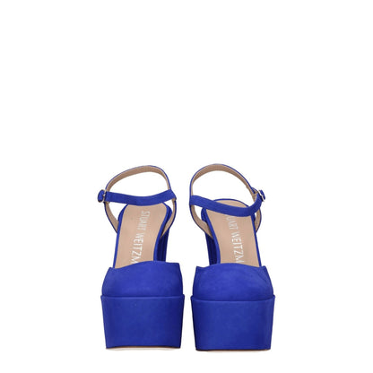 Stuart Weitzman Blue Leather Platform Sandals with 14.5 cm high heel and buckle closure, shown from front view.