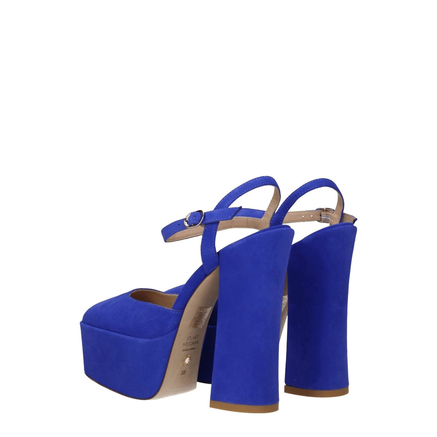 Stuart Weitzman Blue Leather Platform Sandals with high heel and buckle closure