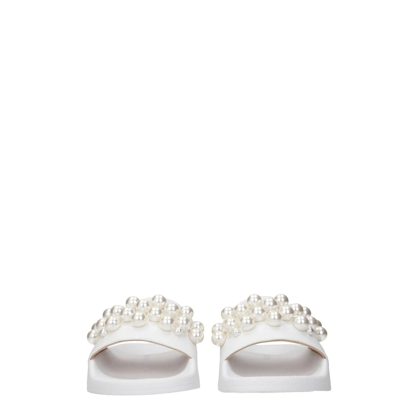 Stuart Weitzman White Leather Slippers with pearl detailing, open toe, rubber sole, low flat heel, street style fashion footwear