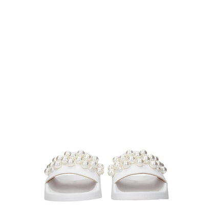 Stuart Weitzman White Leather Slippers with pearl detailing, open toe, rubber sole, low flat heel, street style fashion footwear