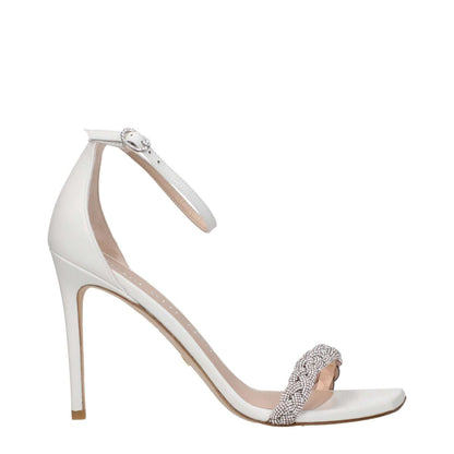 Stuart Weitzman White Leather Stiletto Heel Sandals with crystal detail, open toe, and buckle closure, featuring a 7.5 cm mid heel.