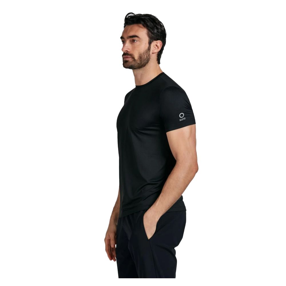 Suns Black Nylon T-Shirt featuring crew neck design and logo print on shoulder