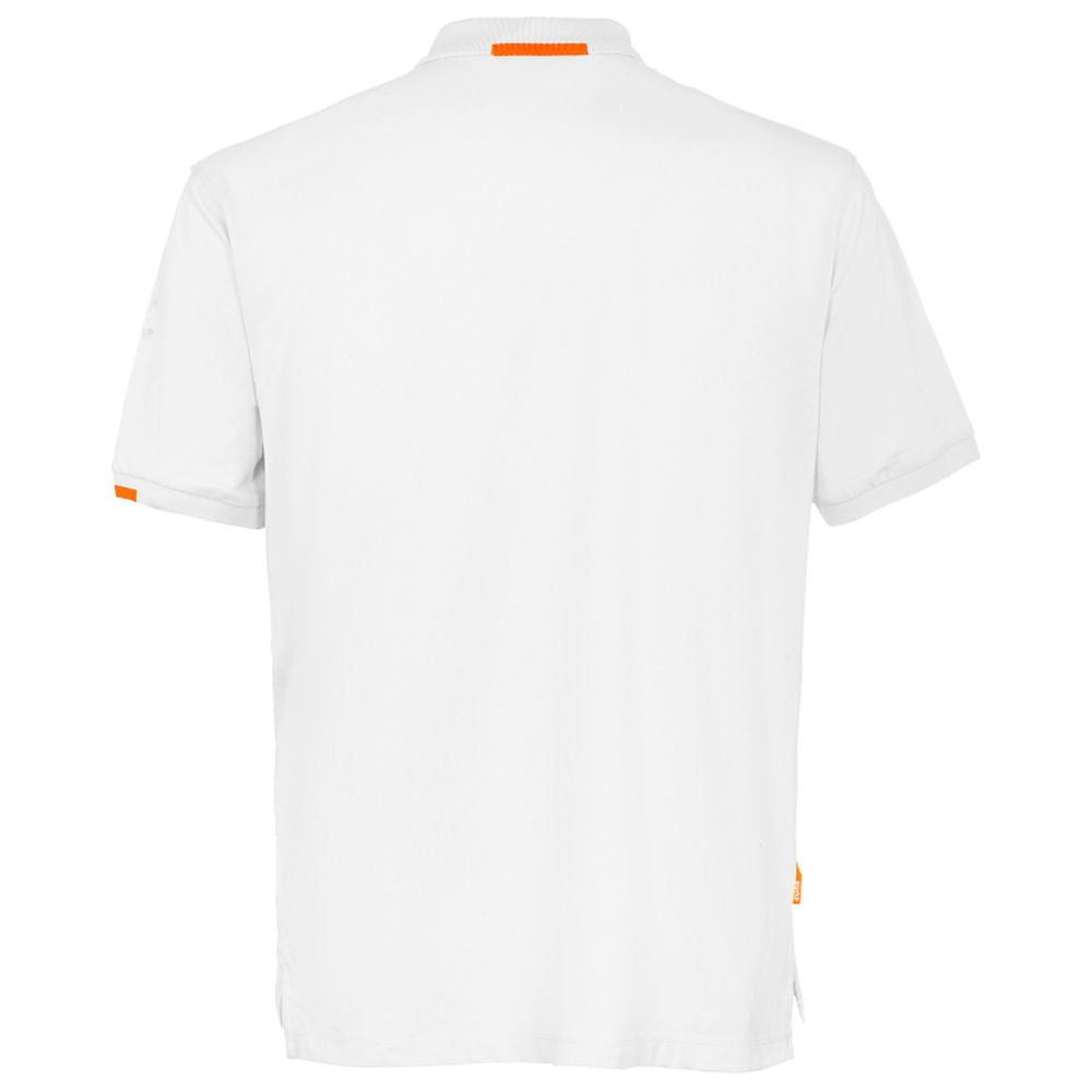 Back view of Suns White Cotton Polo Shirt showcasing orange accents on collar and sleeves.