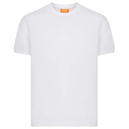 Suns White Cotton T-Shirt with crew neck and elasticated sleeves showcasing logo on left sleeve.