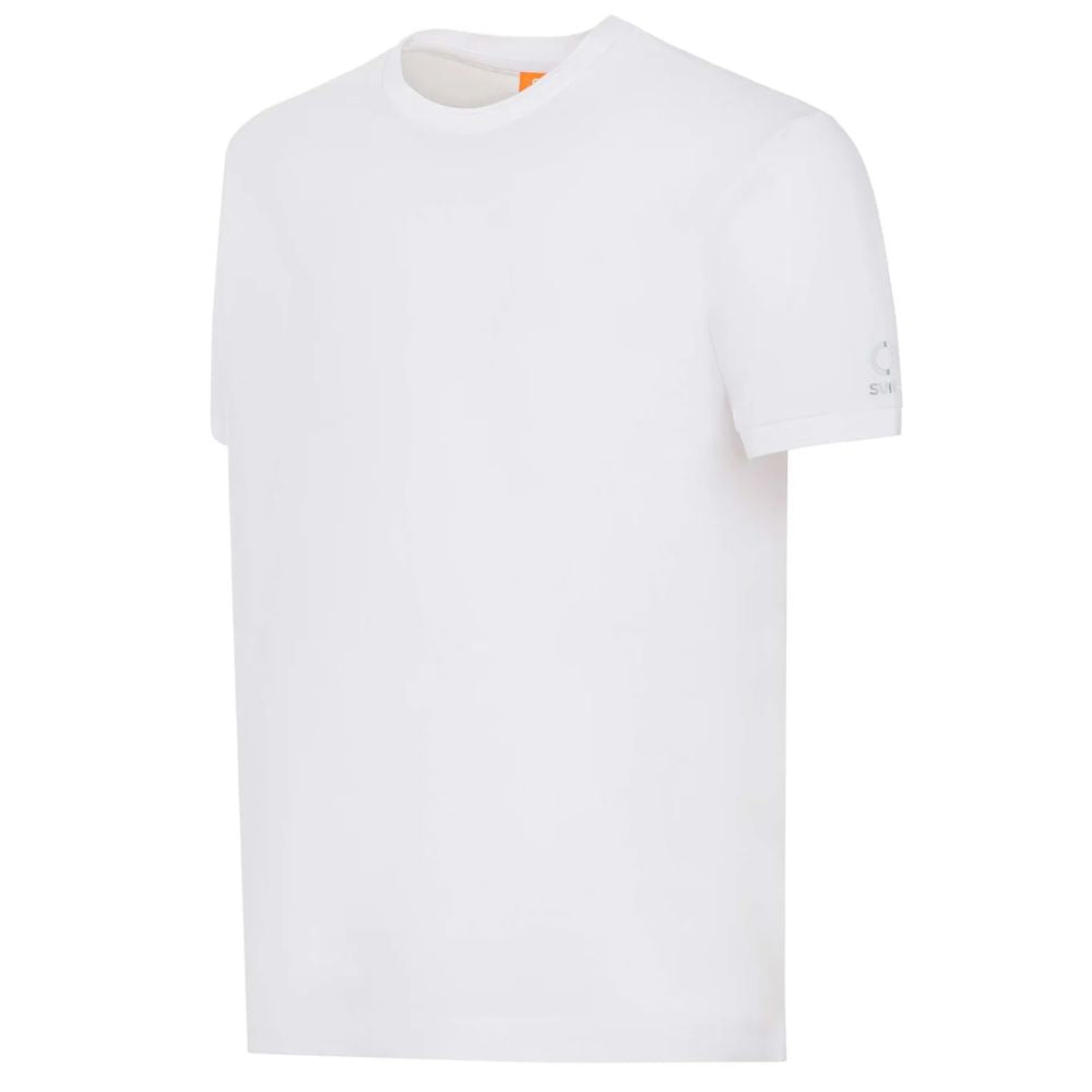 Suns White Cotton T-Shirt with crew neck, elasticated sleeves, and logo on left sleeve, made of stretchable cotton fabric.