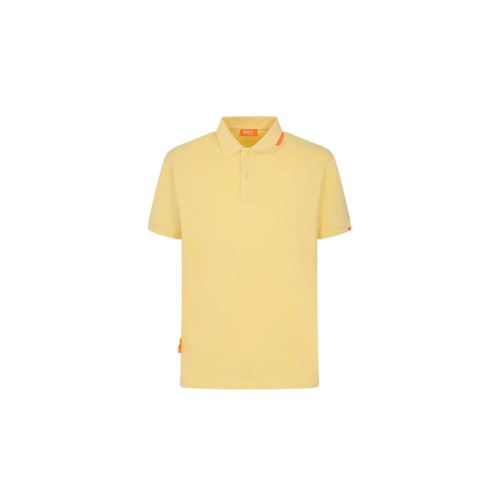 Suns Yellow Cotton Polo Shirt with ribbed collar, logo on sleeve, and button closure. Casual, stylish yellow polo.