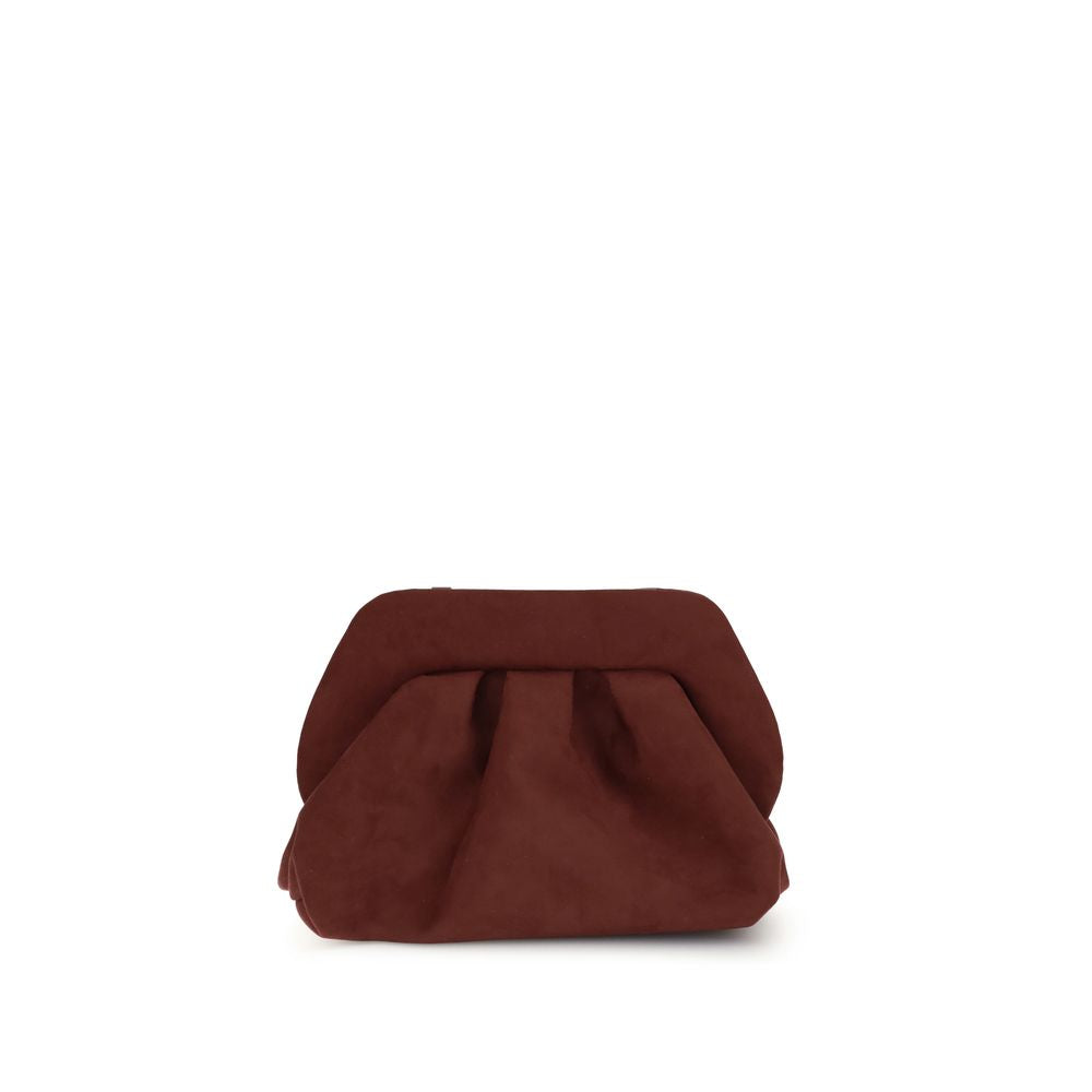 THEMOIRè Brown Other Fibres Clutch Bag, eco-friendly suede bag with a detachable strap and magnetic closure, made from recycled materials.