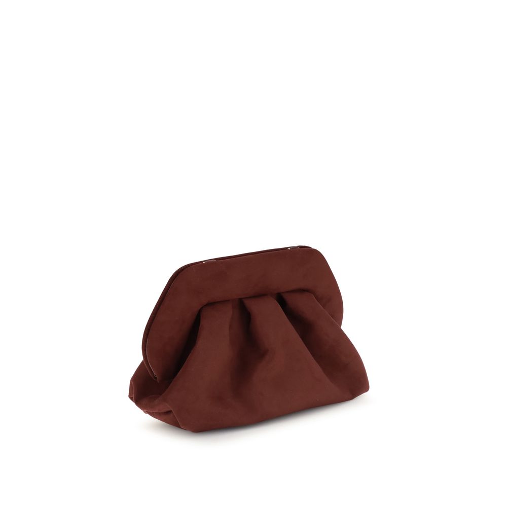 THEMOIRè Brown Other Fibres Clutch Bag, minimalist suede accessory with magnetic closure and detachable strap, eco-friendly design.