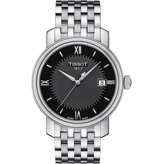TISSOT Mod. BRIDGEPORT wristwatch with stainless steel strap, sapphire dial, quartz movement, and 5 ATM water resistance, made in Switzerland.