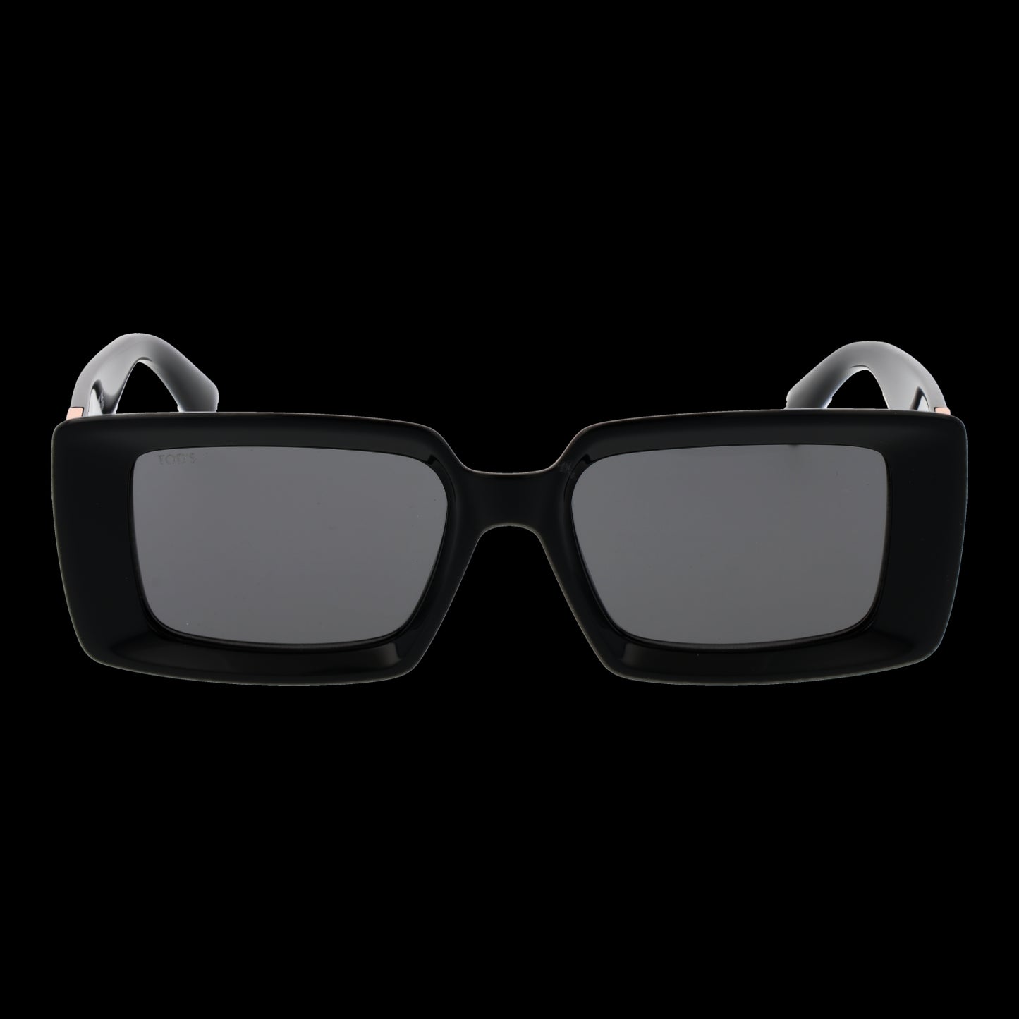Alt Tag: Front view of TOD'S MOD. TO0366 5201A black lady sunglasses with rectangular lenses on black background.