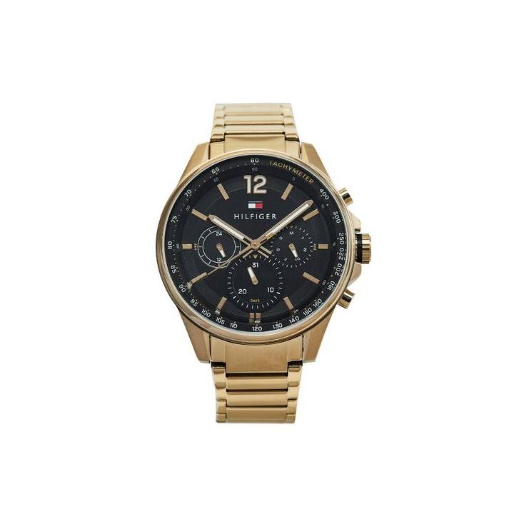 TOMMY HILFIGER Mod. 1791974 gold-tone quartz analog men's watch with black dial and bracelet, water resistant to 5 ATM.