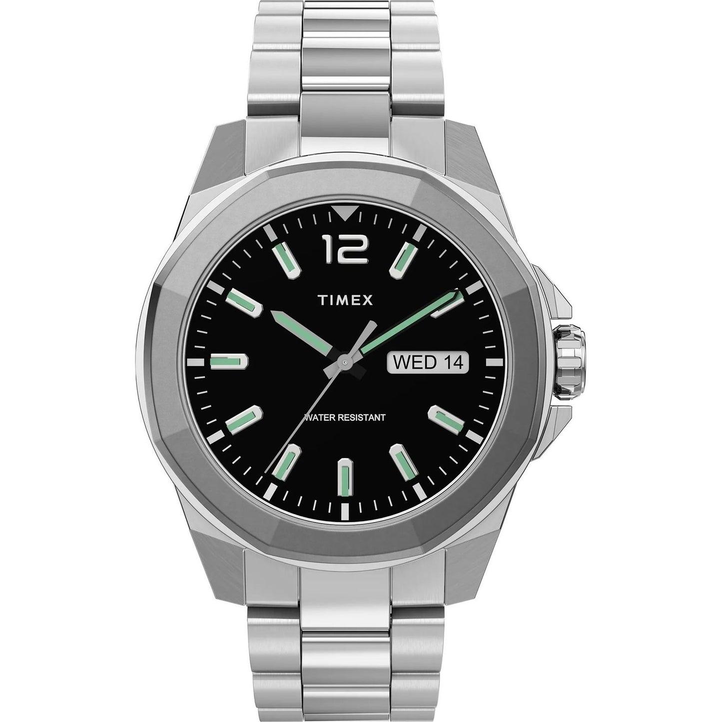 TIMEX Mod. ESSEX AVENUE wristwatch with stainless steel bracelet, day and date function, 44mm case, and water resistance up to 5 ATM.