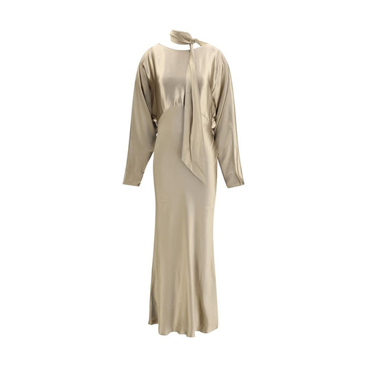The Andamane Gold Viscose Casual Dress with boat neckline, long sleeves, flowing skirt, and satin scarf, Season AW25.