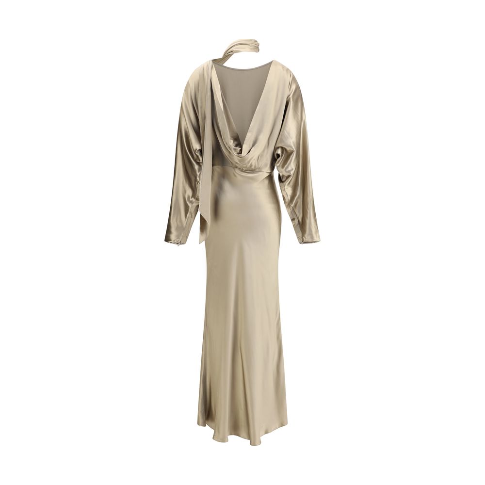 The Andamane Gold Viscose Casual Dress with boat neckline, long sleeves, and deep back slit showcasing elegance and sophistication.