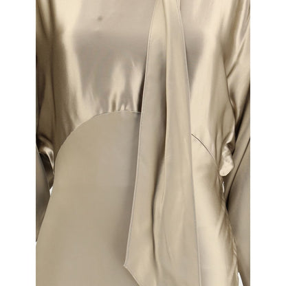The Andamane Gold Viscose Casual Dress with satin scarf detail and elegant boat neckline.